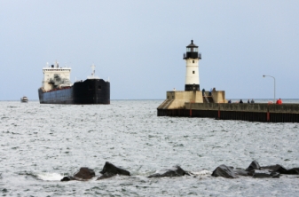 Lighthouse on Pier with Ship- Canal Park Duluth, MN